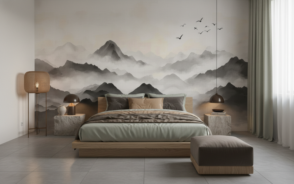 Paysage Montagneux Zen en Brume avec Lac et Oiseaux - Chambre adulte