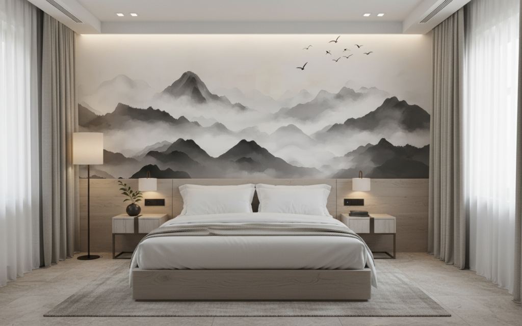 Paysage Montagneux Zen en Brume avec Lac et Oiseaux - Hôtel