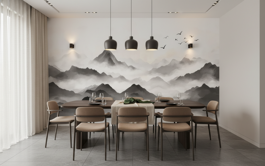 Paysage Montagneux Zen en Brume avec Lac et Oiseaux - Salle à manger