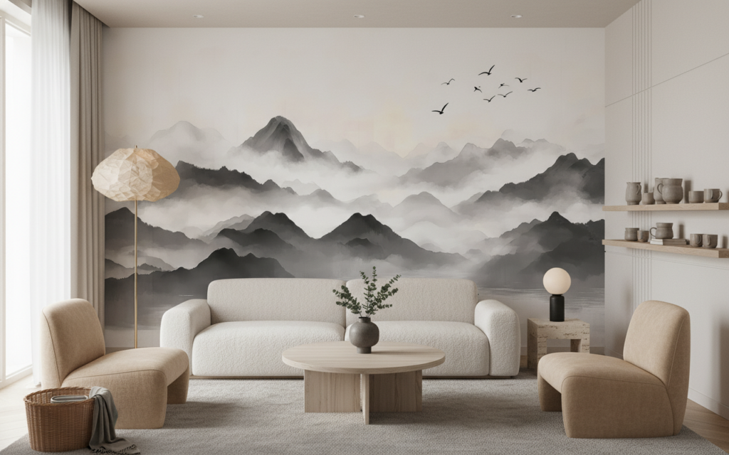 Paysage Montagneux Zen en Brume avec Lac et Oiseaux - Salon / Séjour