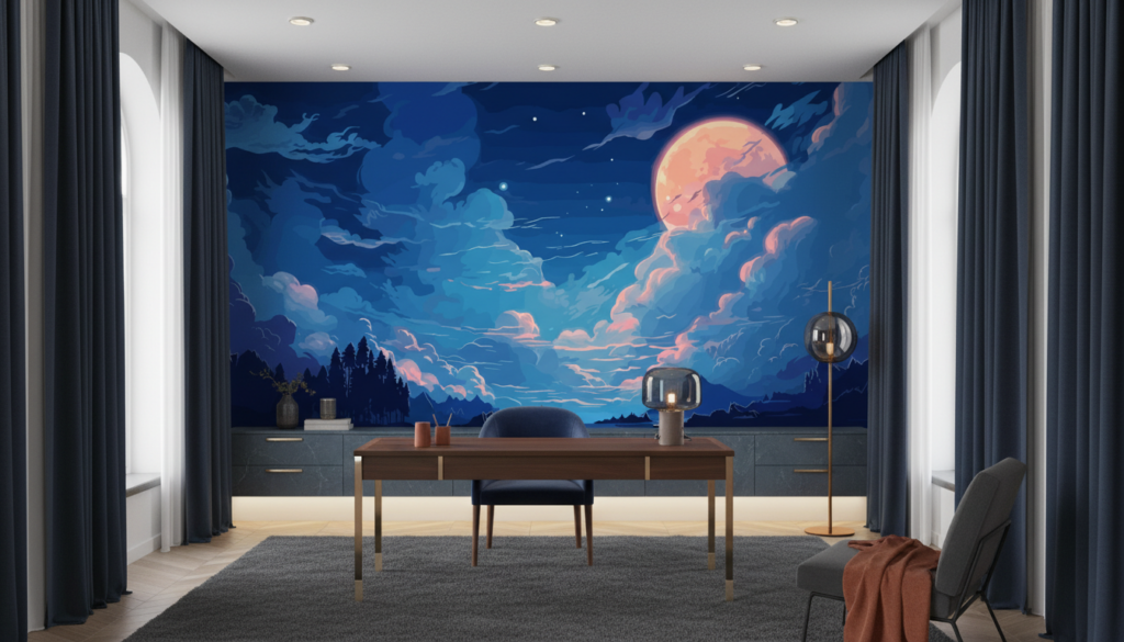 Paysage nocturne fantastique avec lune orangée et nuages mystiques - Bureau