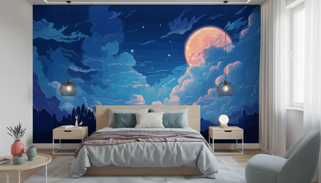Paysage nocturne fantastique avec lune orangée et nuages mystiques - Chambre ado
