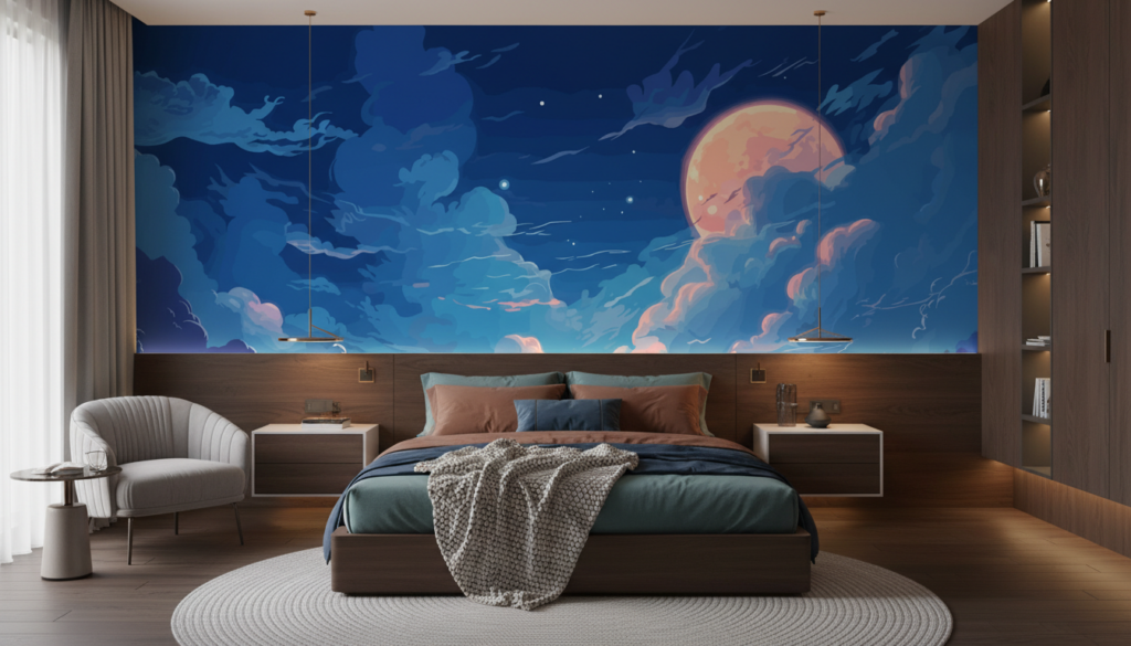 Paysage nocturne fantastique avec lune orangée et nuages mystiques - Chambre adulte