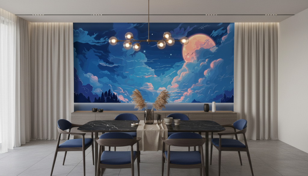 Paysage nocturne fantastique avec lune orangée et nuages mystiques - Salle à manger