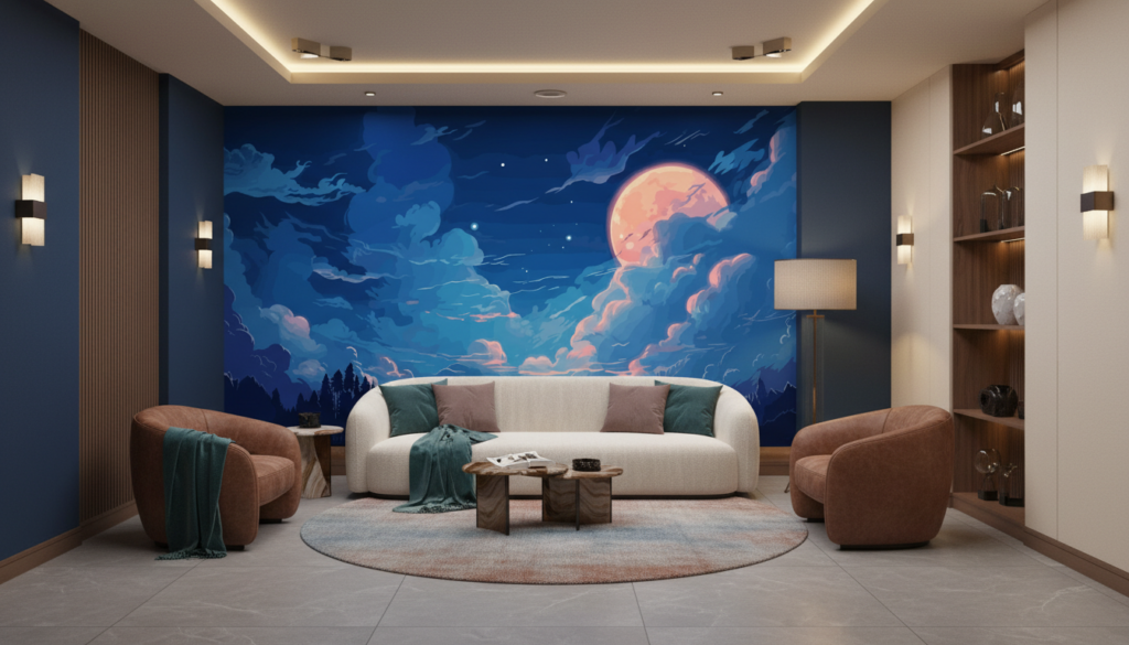 Paysage nocturne fantastique avec lune orangée et nuages mystiques - Salon / Séjour