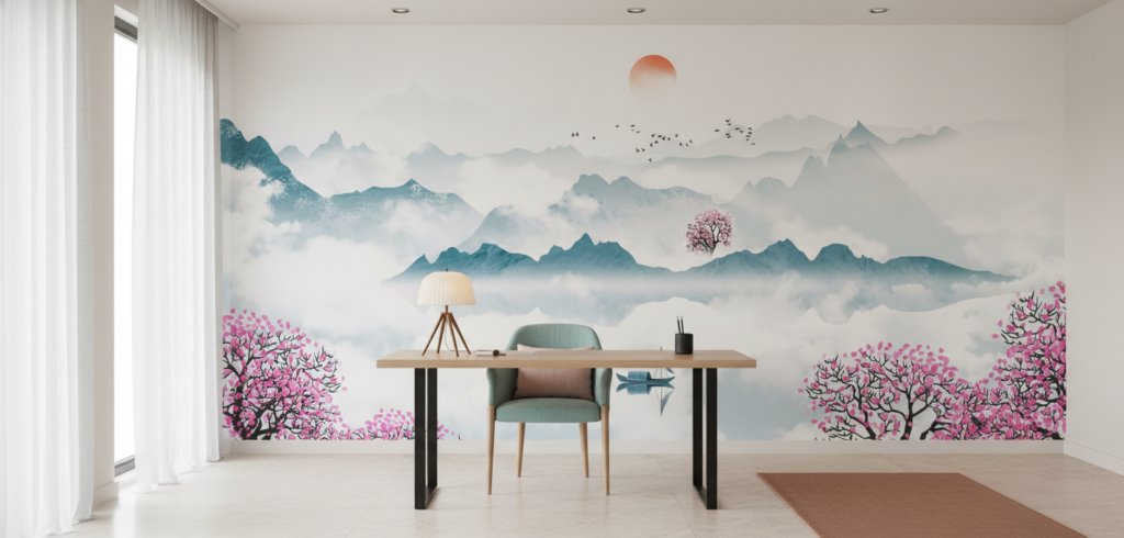 Paysage Oriental Zen avec Cerisiers en Fleurs et Lac Brumeux - Bureau