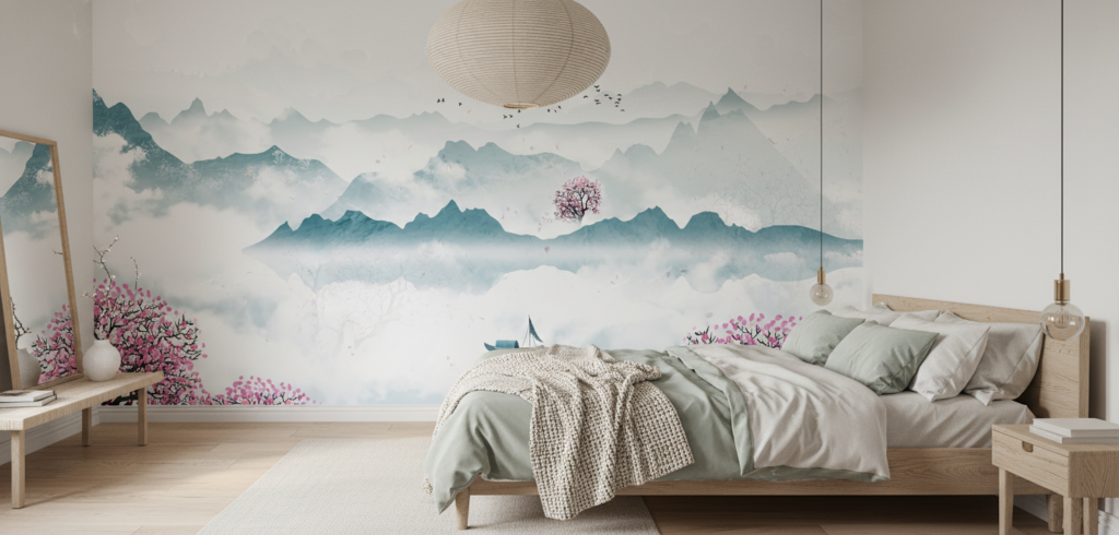 Paysage Oriental Zen avec Cerisiers en Fleurs et Lac Brumeux - Chambre adulte