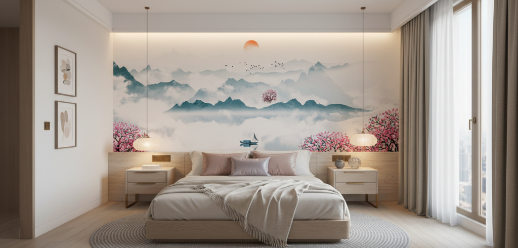 Paysage Oriental Zen avec Cerisiers en Fleurs et Lac Brumeux - Hôtel