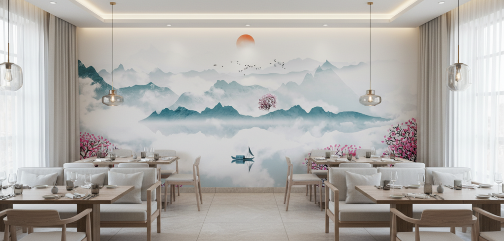 Paysage Oriental Zen avec Cerisiers en Fleurs et Lac Brumeux - Restaurant