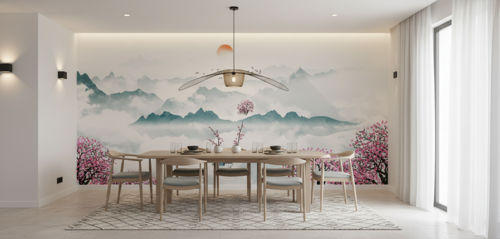 Paysage Oriental Zen avec Cerisiers en Fleurs et Lac Brumeux - Salle à manger