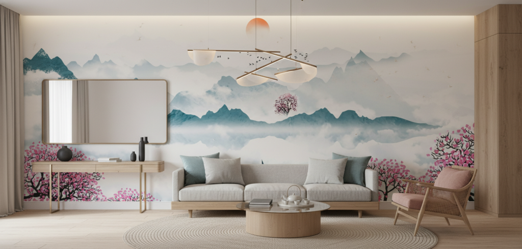 Paysage Oriental Zen avec Cerisiers en Fleurs et Lac Brumeux - Salon / Séjour