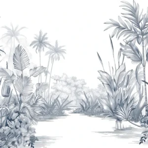Paysage tropical vintage en gravure monochrome bleue et grise