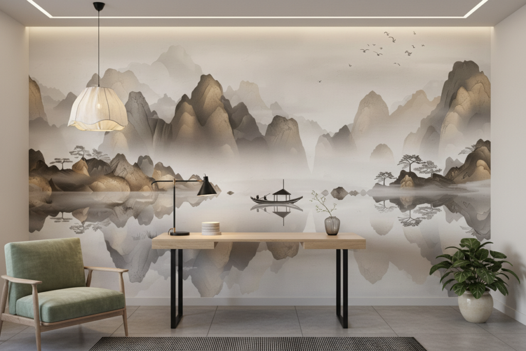 Paysage Zen Asiatique avec Montagne Brumeuse et Lac Paisible - Bureau