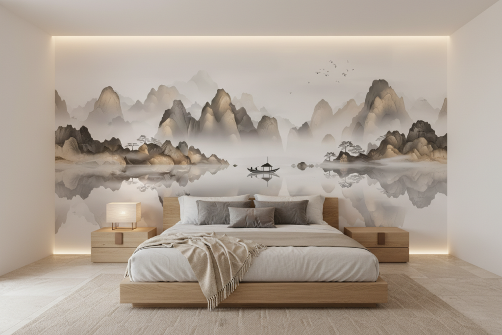 Paysage Zen Asiatique avec Montagne Brumeuse et Lac Paisible - Chambre adulte