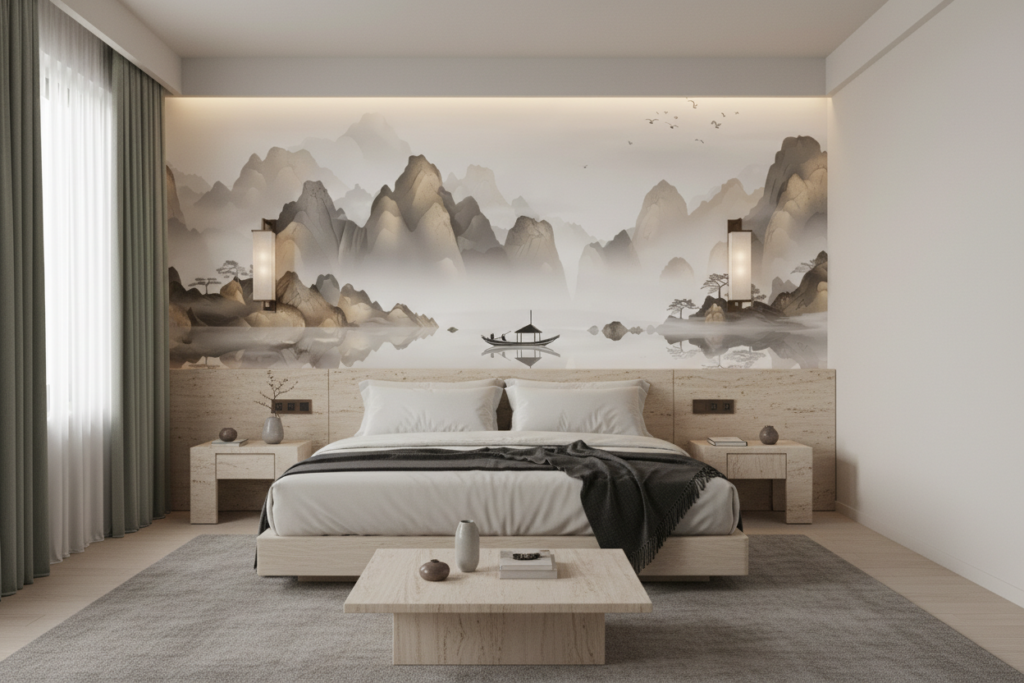 Paysage Zen Asiatique avec Montagne Brumeuse et Lac Paisible - Hôtel