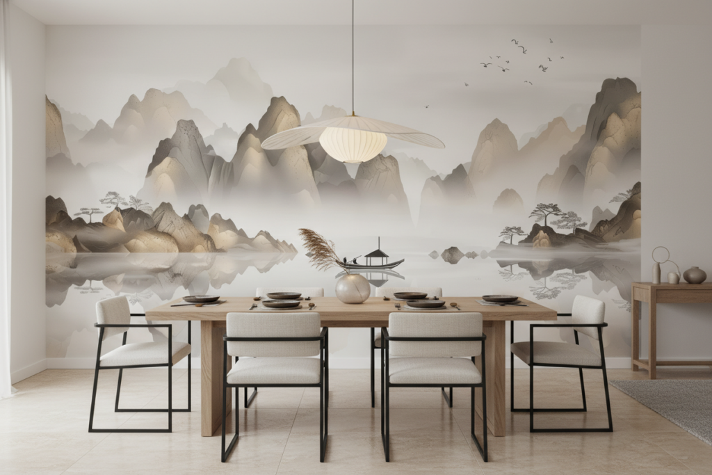 Paysage Zen Asiatique avec Montagne Brumeuse et Lac Paisible - Salle à manger