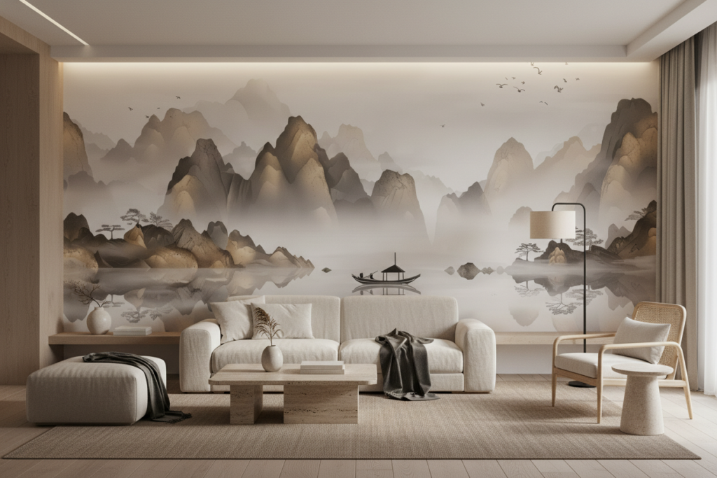 Paysage Zen Asiatique avec Montagne Brumeuse et Lac Paisible - Salon / Séjour