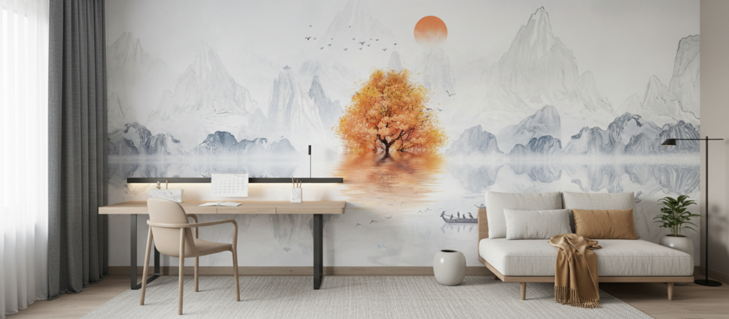 Paysage zen automnal avec arbre doré et montagnes brumeuses - Bureau