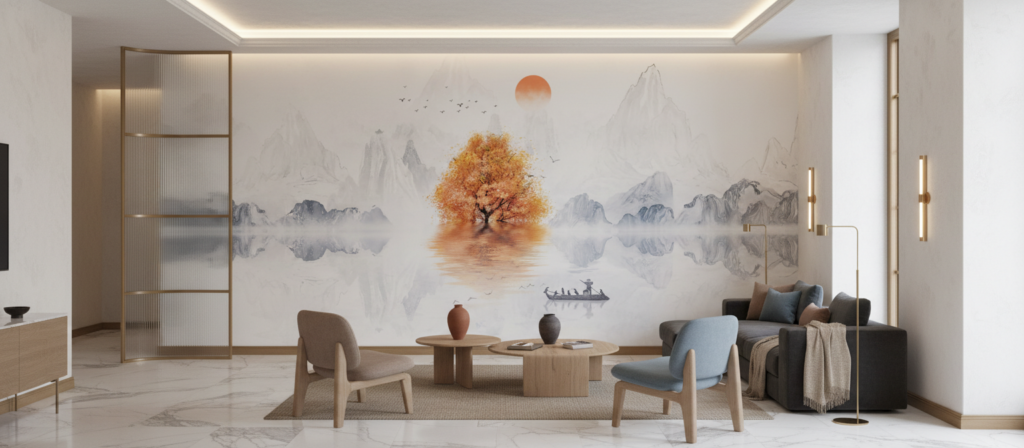 Paysage zen automnal avec arbre doré et montagnes brumeuses - Hôtel