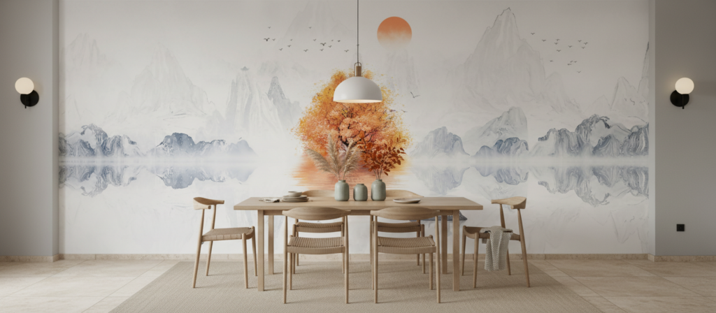 Paysage zen automnal avec arbre doré et montagnes brumeuses - Salle à manger