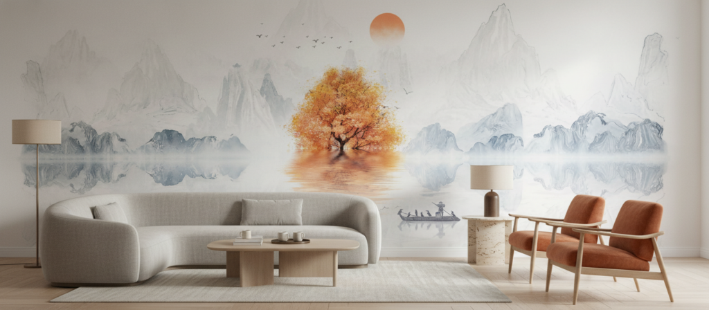 Paysage zen automnal avec arbre doré et montagnes brumeuses - Salon / Séjour