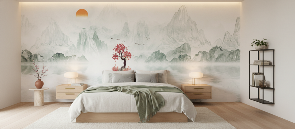 Paysage zen avec cerisier rouge et montagnes brumeuses asiatiques - Chambre adulte