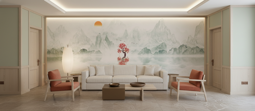 Paysage zen avec cerisier rouge et montagnes brumeuses asiatiques - Hôtel