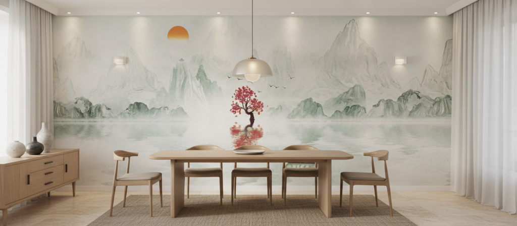 Paysage zen avec cerisier rouge et montagnes brumeuses asiatiques - Salle à manger