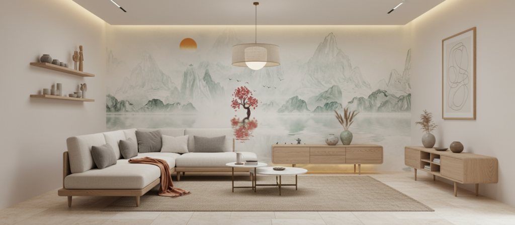 Paysage zen avec cerisier rouge et montagnes brumeuses asiatiques - Salon / Séjour