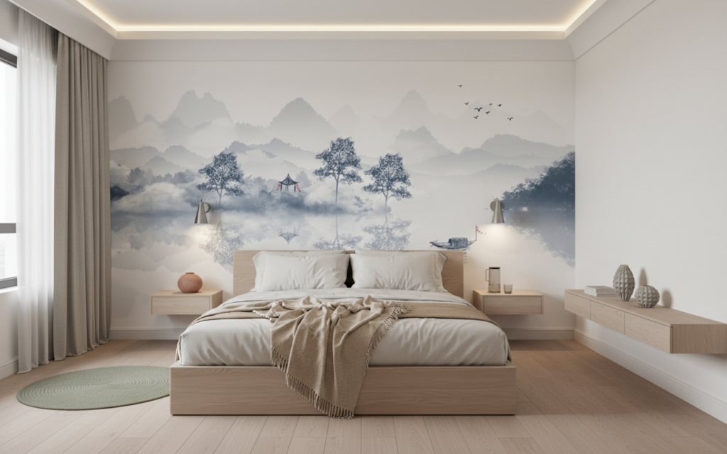 Paysage zen brumeux avec lac et montagnes style aquarelle - Chambre adulte