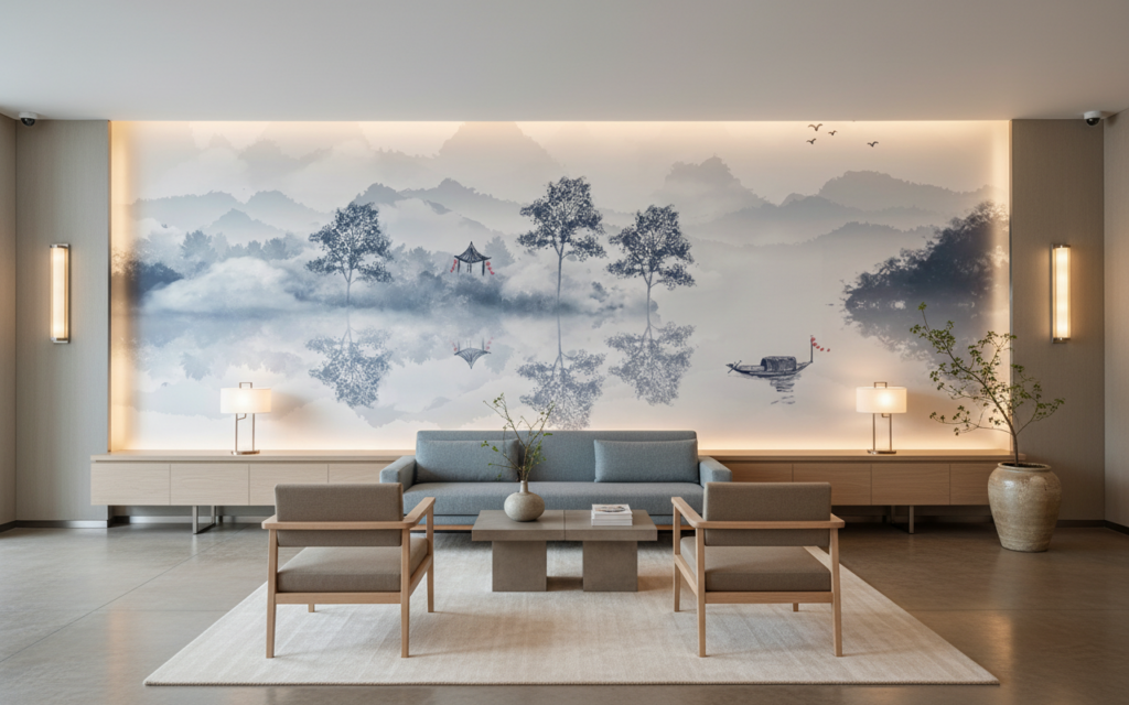 Paysage zen brumeux avec lac et montagnes style aquarelle - Hôtel