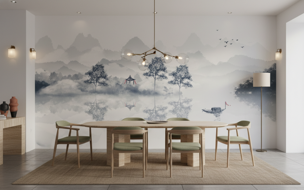Paysage zen brumeux avec lac et montagnes style aquarelle - Salle à manger