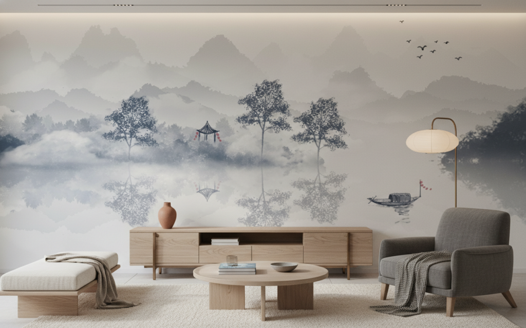 Paysage zen brumeux avec lac et montagnes style aquarelle - Salon / Séjour