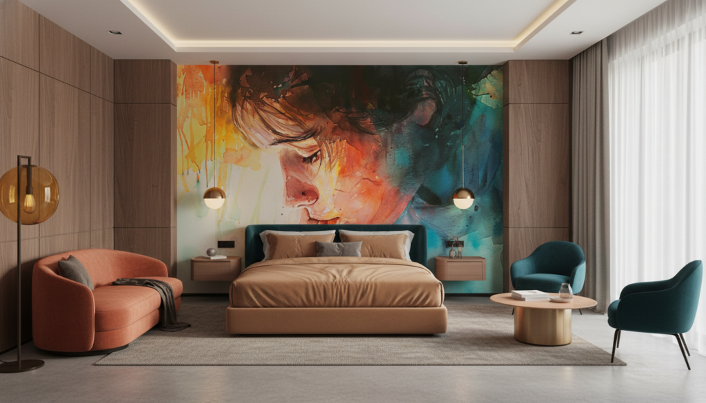 Portrait Artistique Abstrait aux Couleurs Vives et Fluides - Hôtel