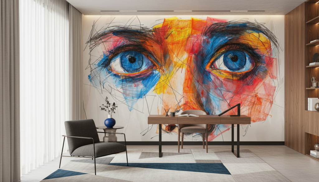 Portrait Artistique Abstrait aux Yeux Bleus Expressifs et Couleurs Vives - Bureau