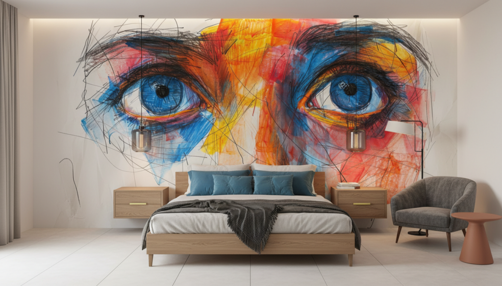 Portrait Artistique Abstrait aux Yeux Bleus Expressifs et Couleurs Vives - Chambre adulte