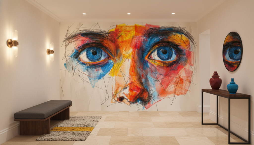 Portrait Artistique Abstrait aux Yeux Bleus Expressifs et Couleurs Vives - Entrée