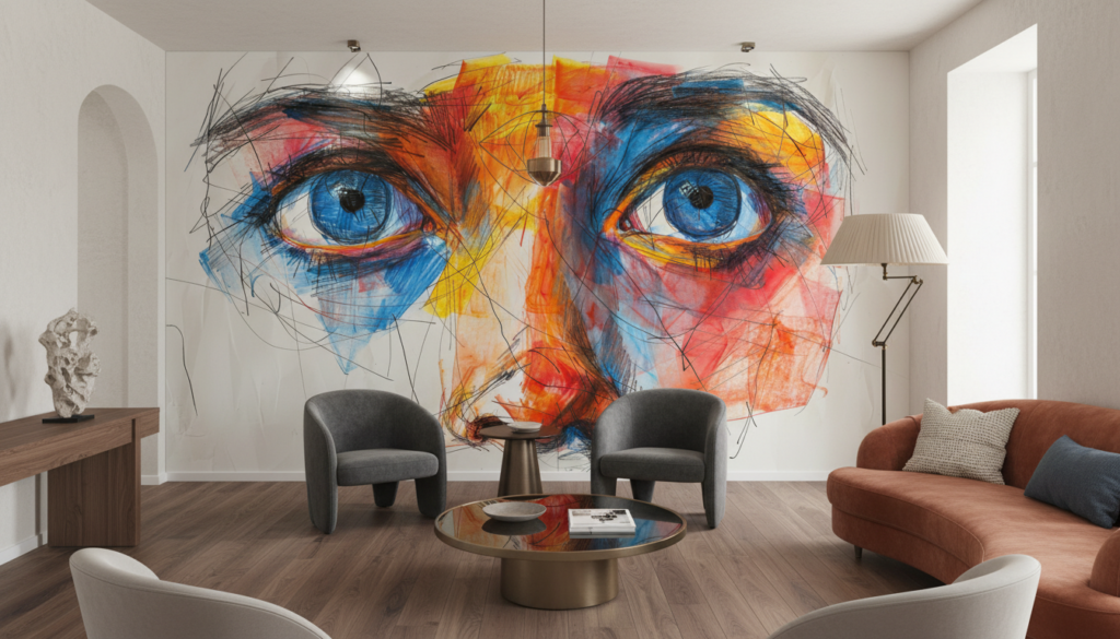 Portrait Artistique Abstrait aux Yeux Bleus Expressifs et Couleurs Vives - Salon / Séjour