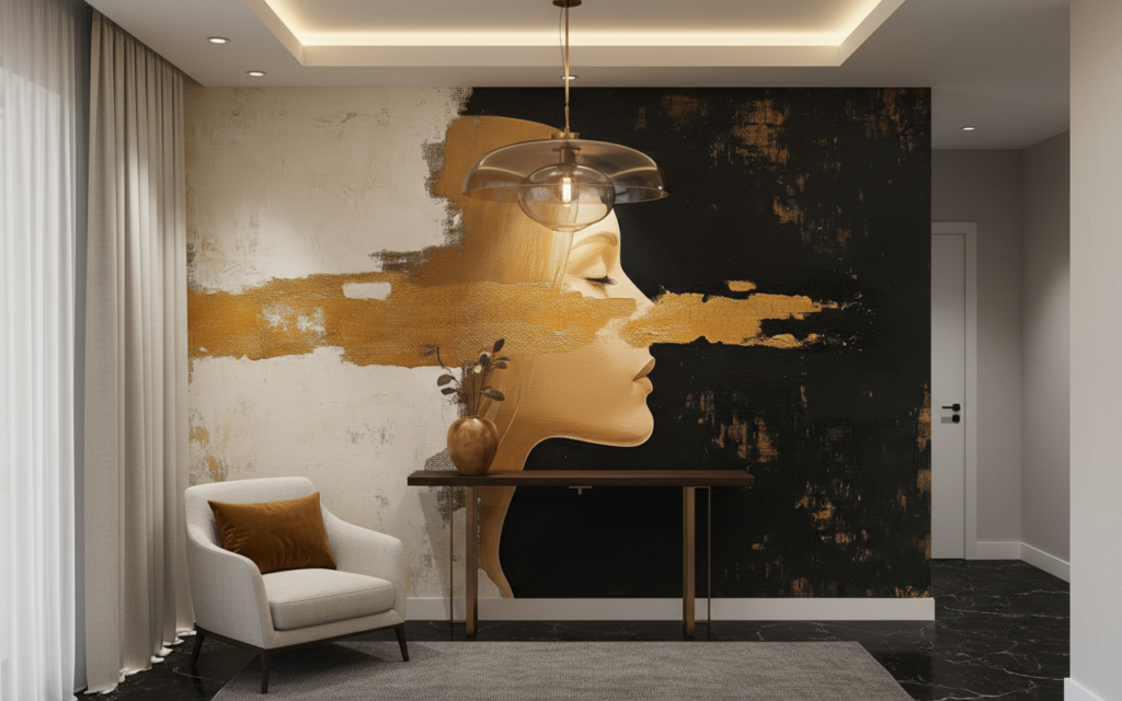 Portrait Artistique Contemporain aux Tons Dorés et Noirs - Entrée