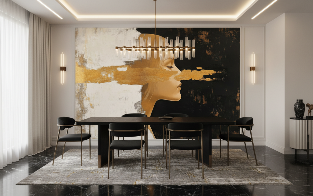 Portrait Artistique Contemporain aux Tons Dorés et Noirs - Salle à manger