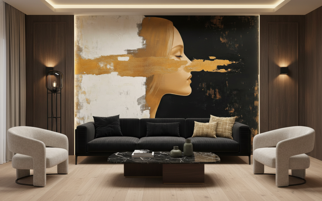 Portrait Artistique Contemporain aux Tons Dorés et Noirs - Salon / Séjour