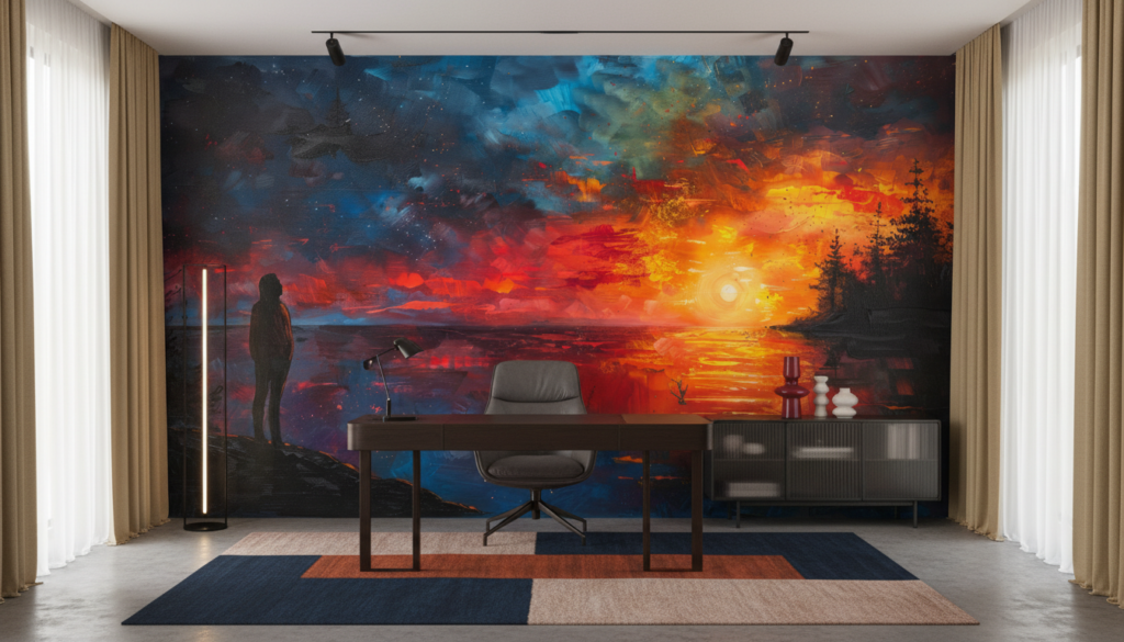 Silhouette contemplant un coucher de soleil cosmique aux reflets flamboyants - Bureau