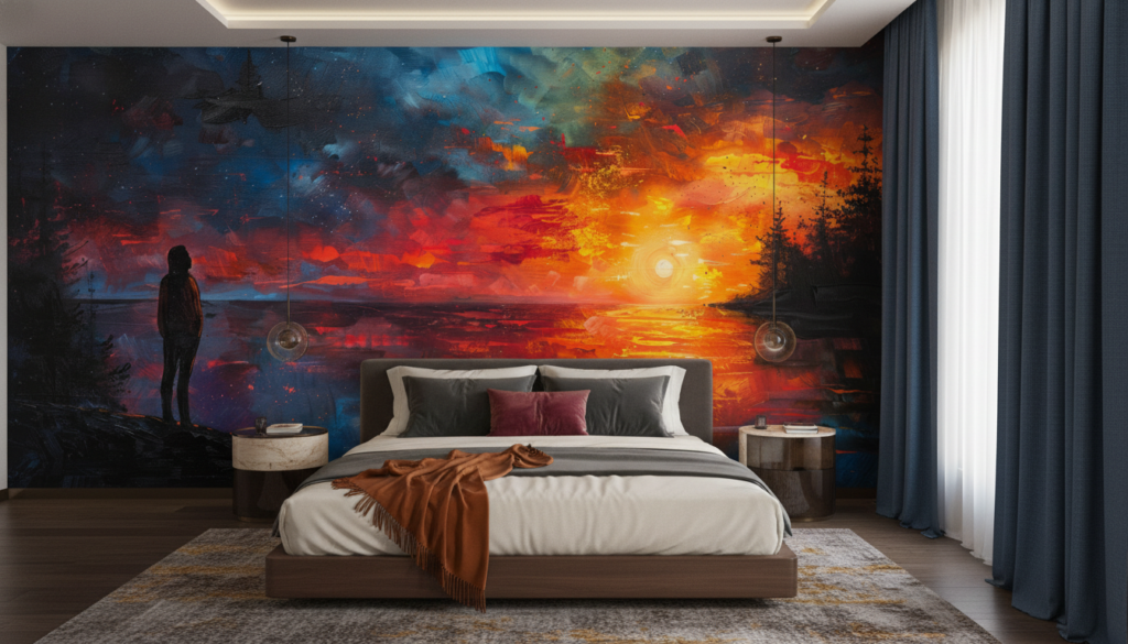 Silhouette contemplant un coucher de soleil cosmique aux reflets flamboyants - Chambre adulte