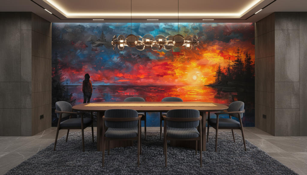 Silhouette contemplant un coucher de soleil cosmique aux reflets flamboyants - Salle à manger