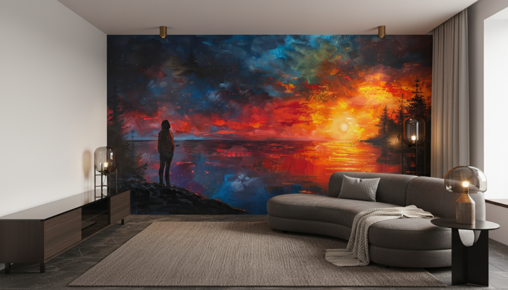 Silhouette contemplant un coucher de soleil cosmique aux reflets flamboyants - Salon / Séjour