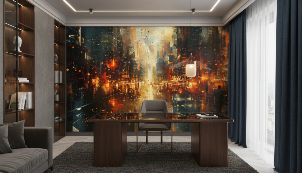 Ville Futuriste Abstraite aux Reflets Dorés et Orangés Lumineux - Bureau