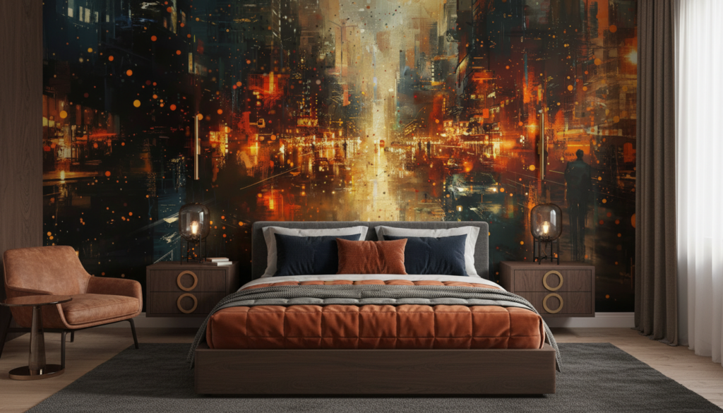 Ville Futuriste Abstraite aux Reflets Dorés et Orangés Lumineux - Chambre adulte