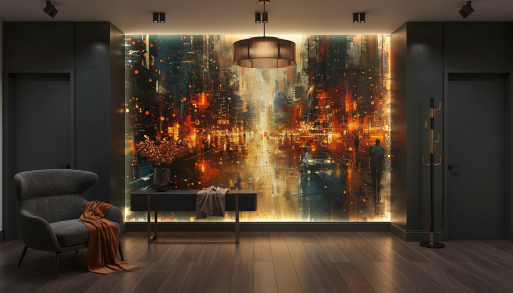 Ville Futuriste Abstraite aux Reflets Dorés et Orangés Lumineux - Entrée