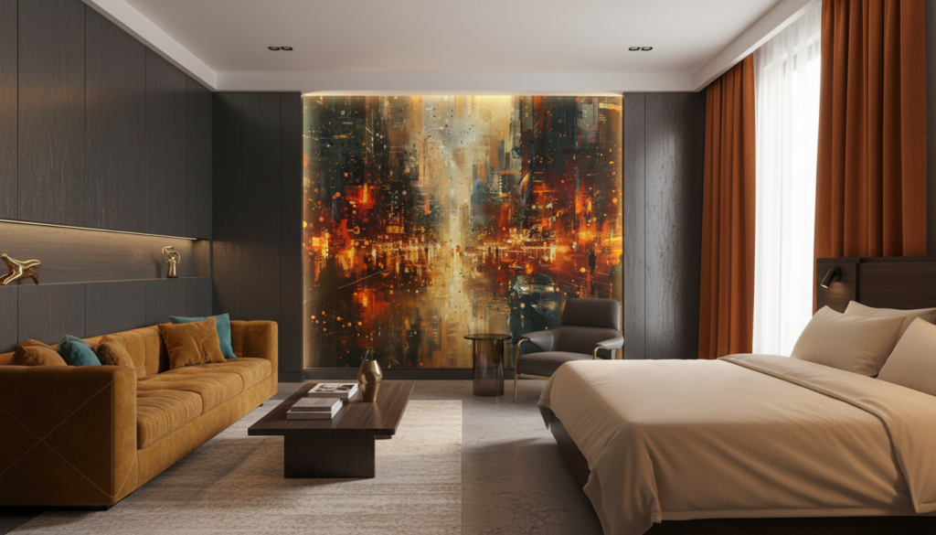 Ville Futuriste Abstraite aux Reflets Dorés et Orangés Lumineux - Hôtel