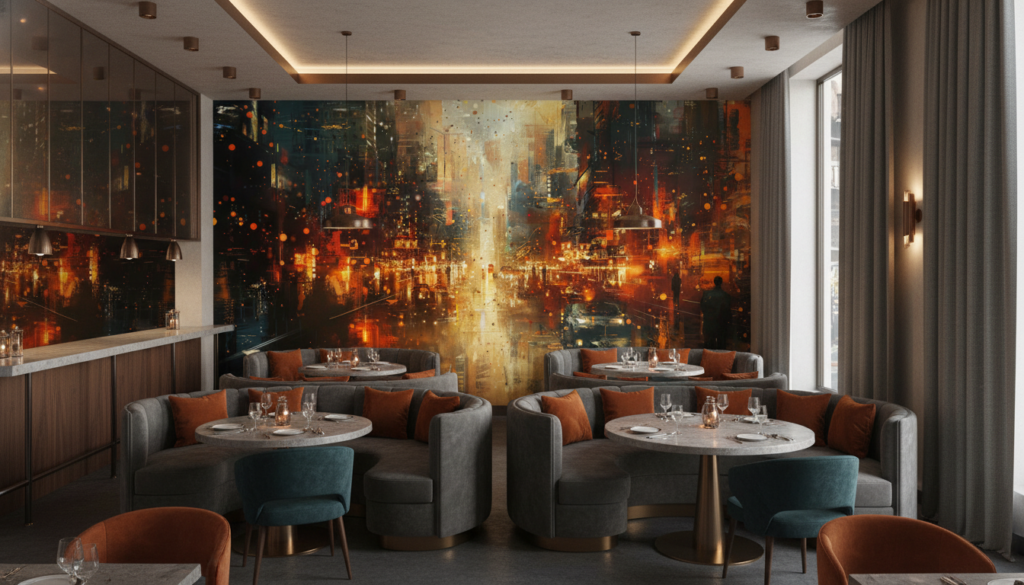 Ville Futuriste Abstraite aux Reflets Dorés et Orangés Lumineux - Restaurant